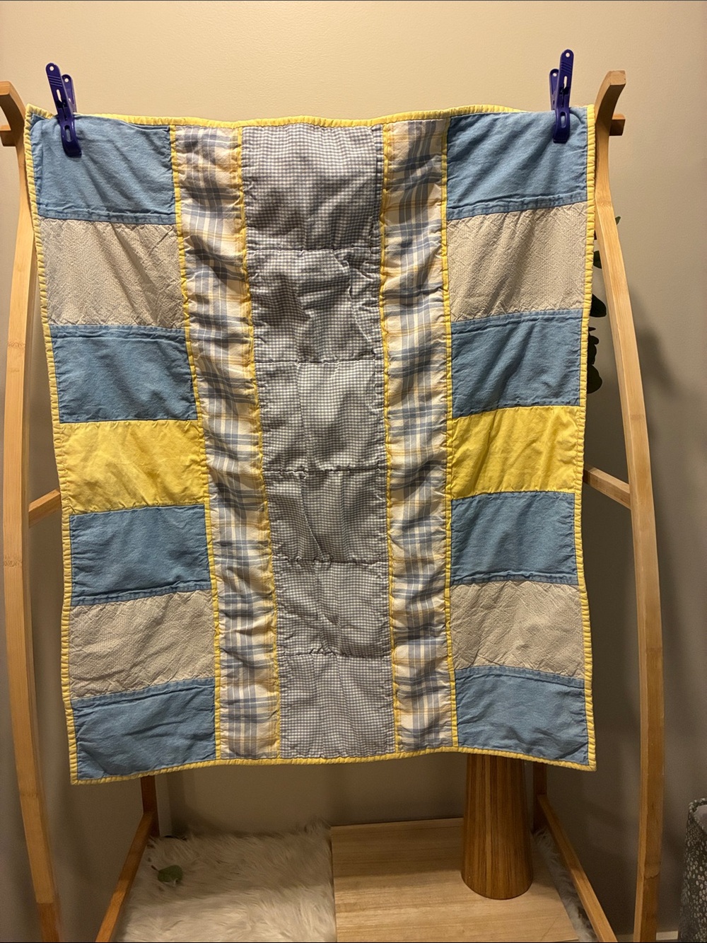 Handmade Baby Quilt in Blue, Yellow, and Cream